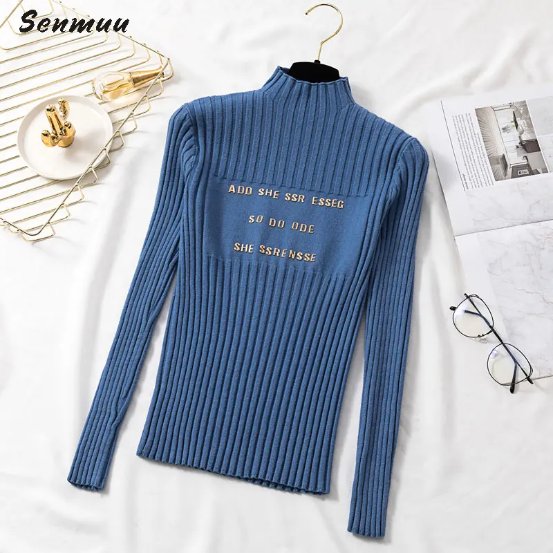INS 2019 Autumn Women Ladies Turtleneck Soft Letters Sweater Femme Korean Pull Tight Knit Ribbed Jumper Knitwear Top | Женская одежда