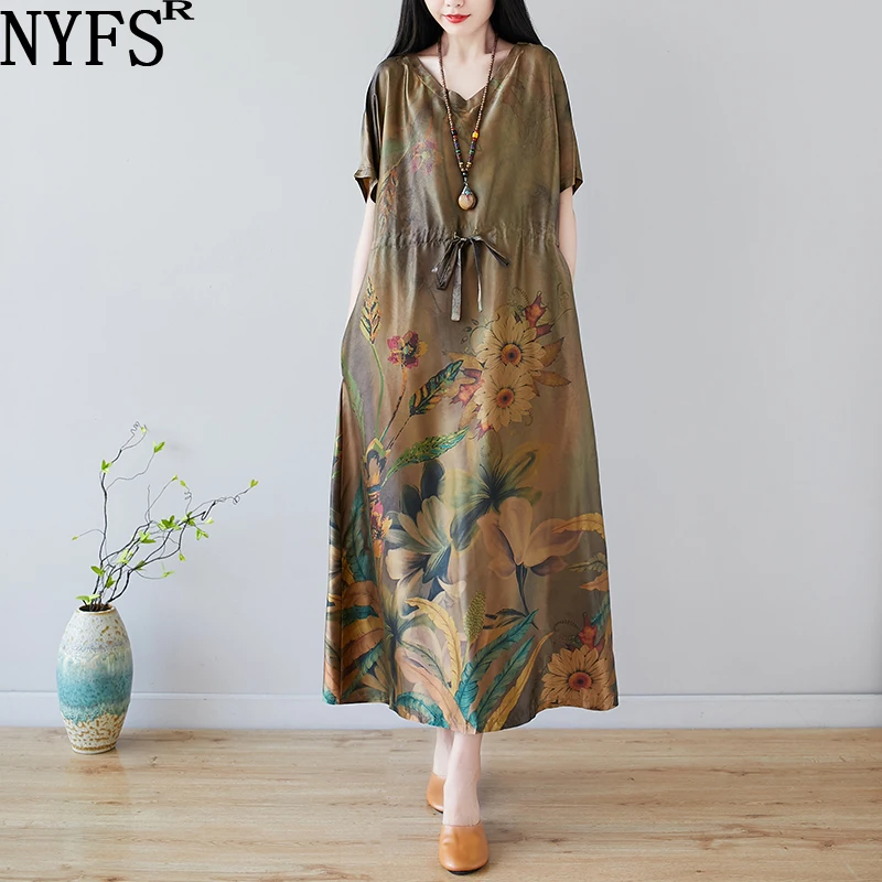 

NYFS 2020 New Women Dress Vintage Big Size Female Vestido Summer Sundress Loose Print Floral Lady Elegant Long Dress