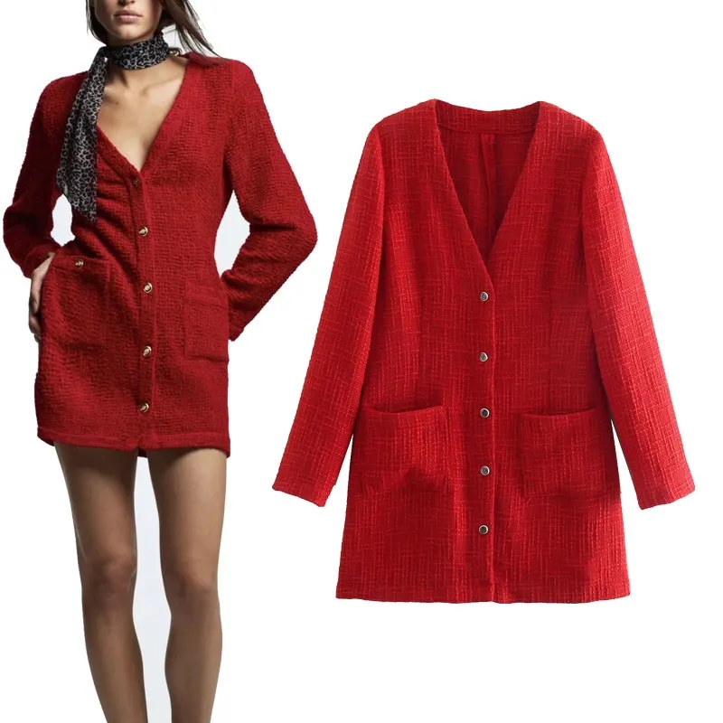 

Red Textured Weave Mini Dress Women Long Sleeve Shoulder Pads Office Lady Dresses Chic Woman Button Up Elegant Short Dress