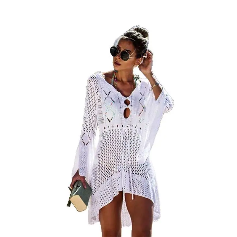 

Hollow Knitted Bell Sleeve Beach Vacation Thin Blouse European and American Hot Sun Protection Shirt