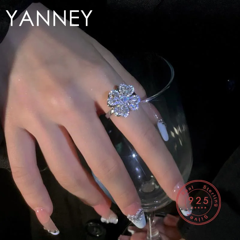 

YANNEY Silver Color Clover Full Zircon Open Ring Fashion Women Girls Simple Luxury Jewelry Birthday Christmas Gift