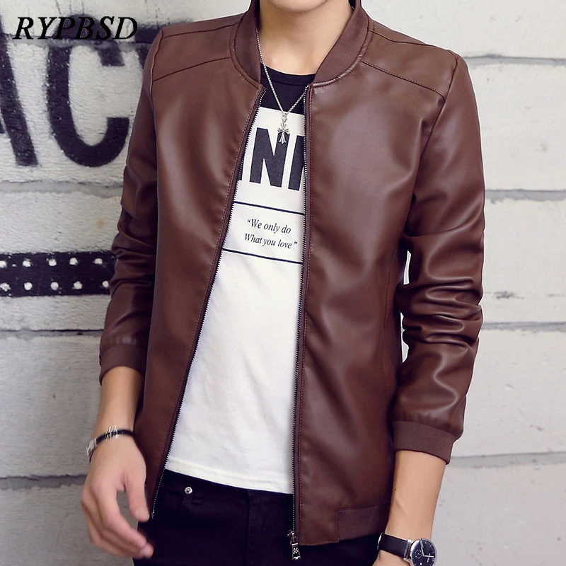 Мужская кожаная куртка-бомбер с воротником-стойкой черная приталенная