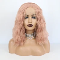 Pink Color Short Bob Wigs Water Wave Synthetic Lace Front Wigs Pre Plucked Cosplay Glueless Lace Frontal Wigs for Black Women