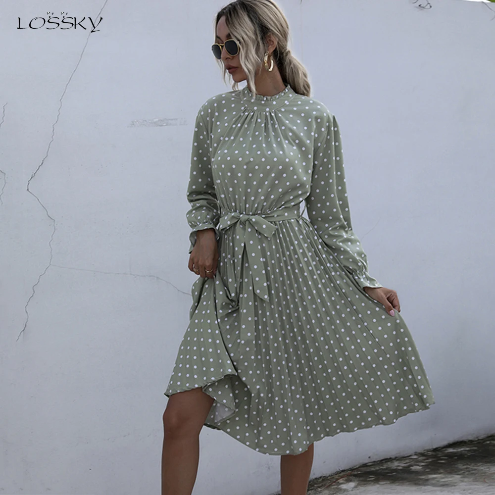 Женское длинное платье осень весна элегантное в горошек с рюшами и бантом