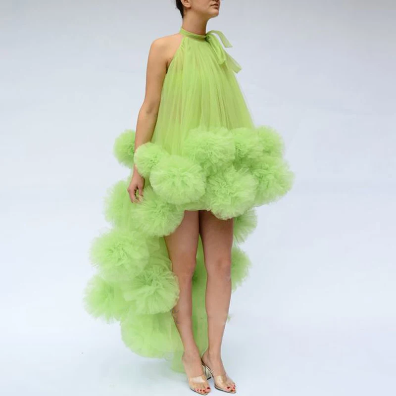 Sexy  Sleeveless Green Tulle High-lo Party Dresses For Prom Ruffles Custom Made Long Free Size Girl Woman Evening Gowns 2022