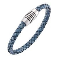 vintage men jewelry blue braided leather mens bracelet handmade stainless steel magnet clasp fashion male wristband gift sp0242
