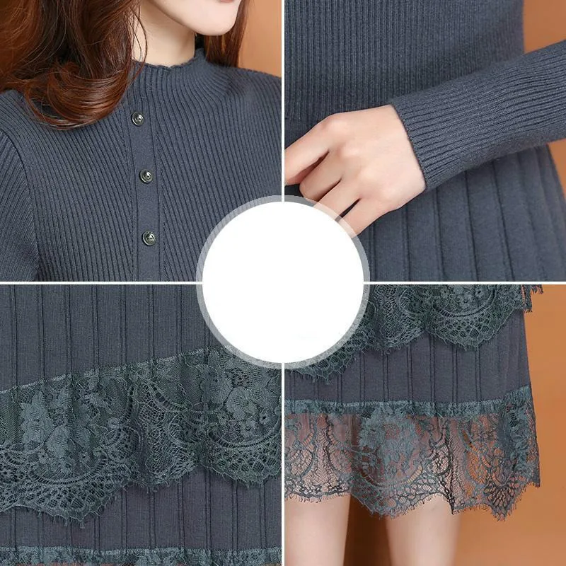 

QWEEK Korean Sweater Dress Women Autumn Winter 2020 Long Sleeve Dress Elegant Lace-up Knitted Plus Size Dress Midi Vestidos