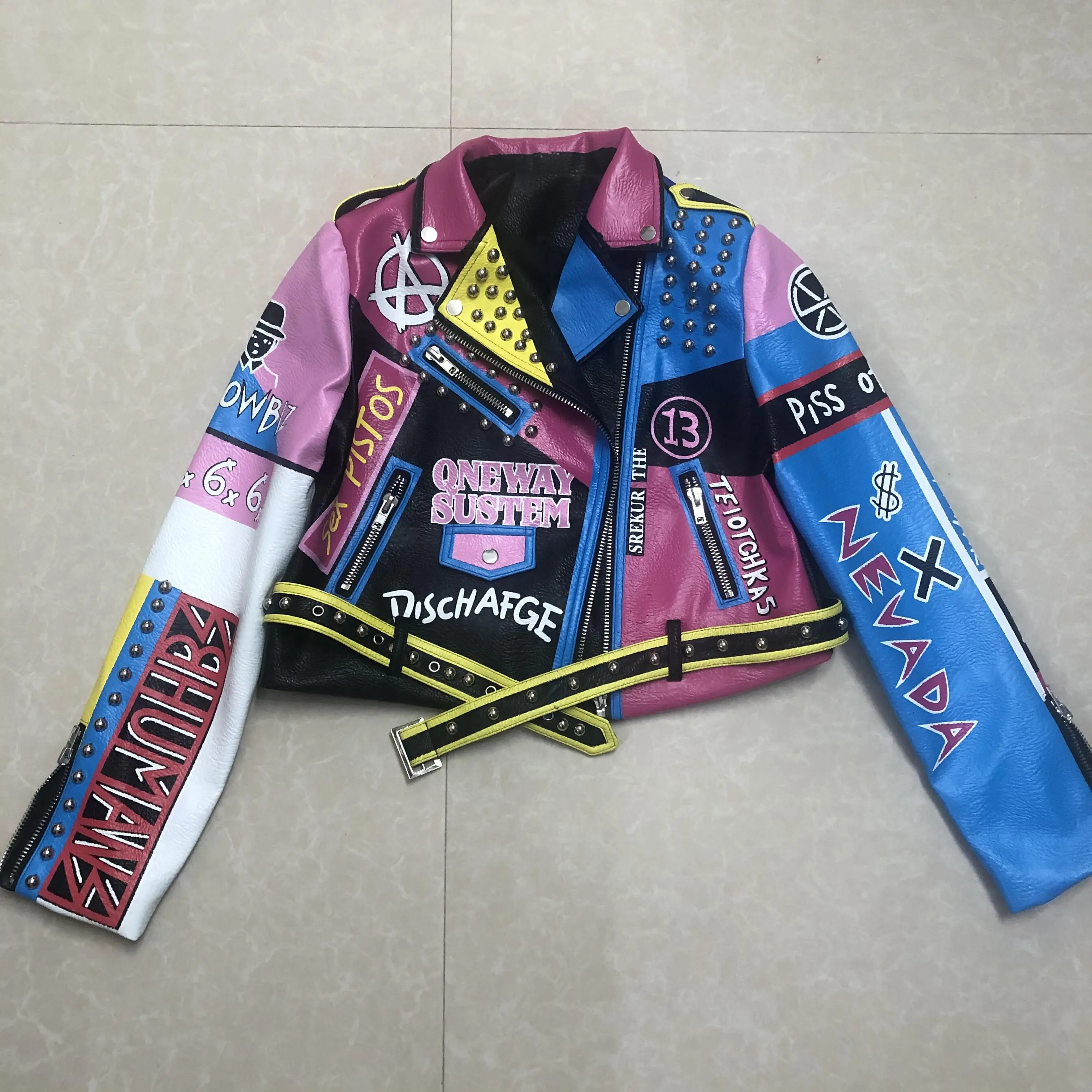 

New letters printed cartoon Graffiti rivet beading pu leather coats Women street Punk Rock Cropped Leather Jackets with belt