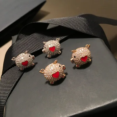 

925 silver needle crystal diamond cute cute cute pig red love earrings female girl heart creativity