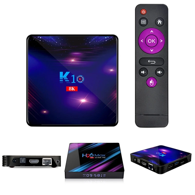 

K10 Смарт ТВ коробка 4K 8K HD Android 9,0 Media Player 4 ГБ Bluetooth 2,4 г/5G Wi-Fi 4,1 Декодер каналов кабельного телевидения
