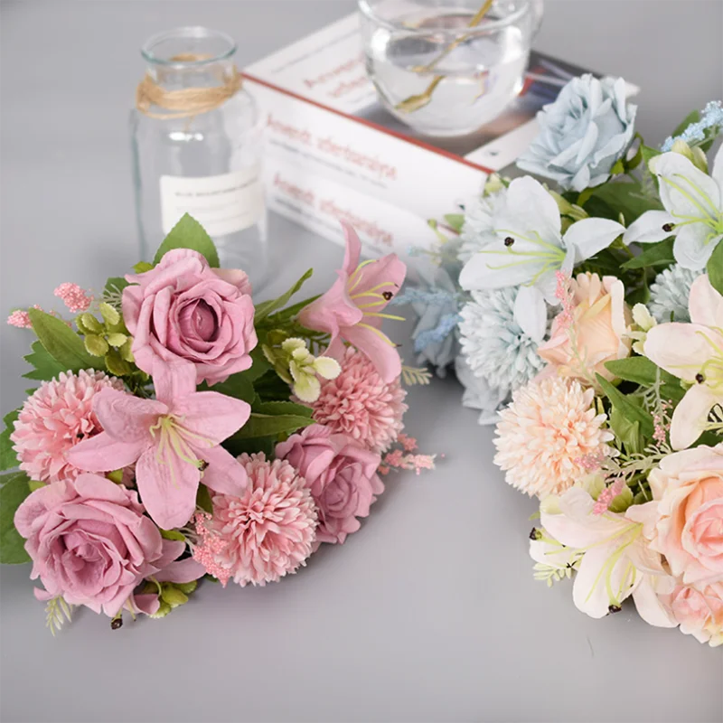 

1 Bunch Artificial Flowers Rose Lily Dandelion Bouquet Flower for Wedding Party Decoration Cute Garden Home Decor of Fake Flower