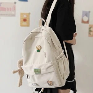 Women Nylon Cute Backpack Bear Female Student College School Bag Badge Girl Doll Backpack Kawaii Boo