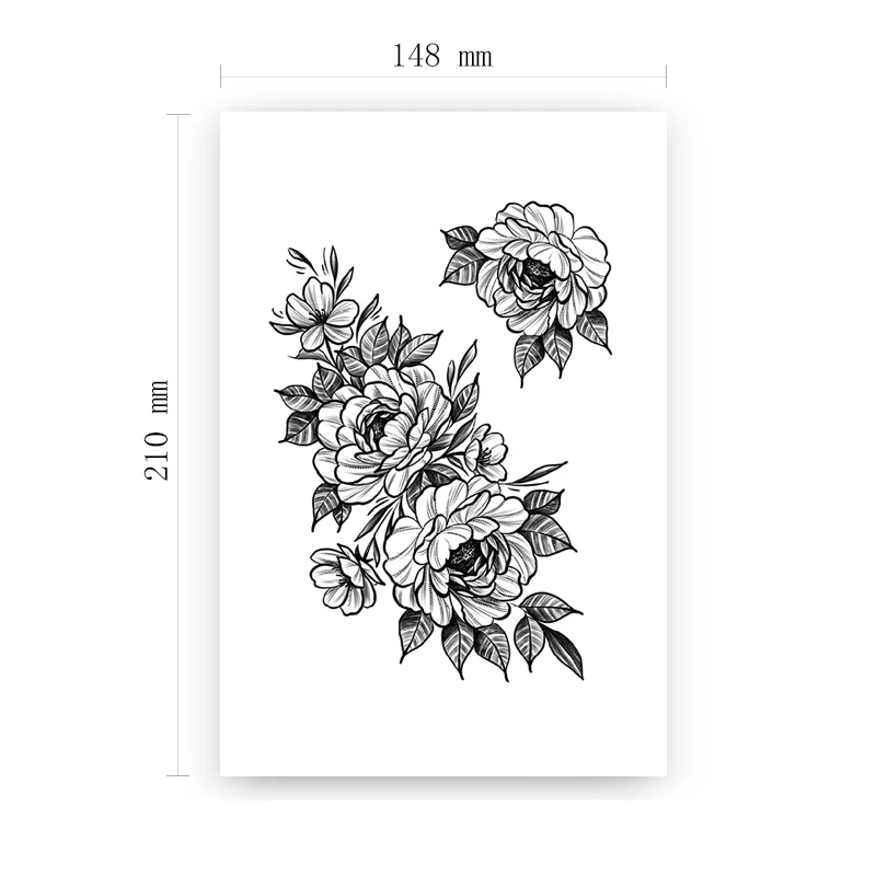 

Peony Rose Tattoo Sticker Fake Sketch Flowers Waterproof Temporary Tattoo for Women Men Black Leaves Totem Tatoo Sticker for Arm