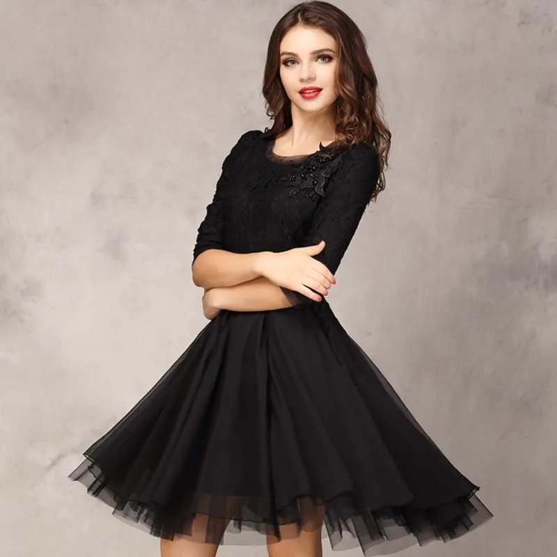 

New European and American Women's Slim Lace Stitching Seven-point Sleeves Large Chiffon Fashion Dress Al180829