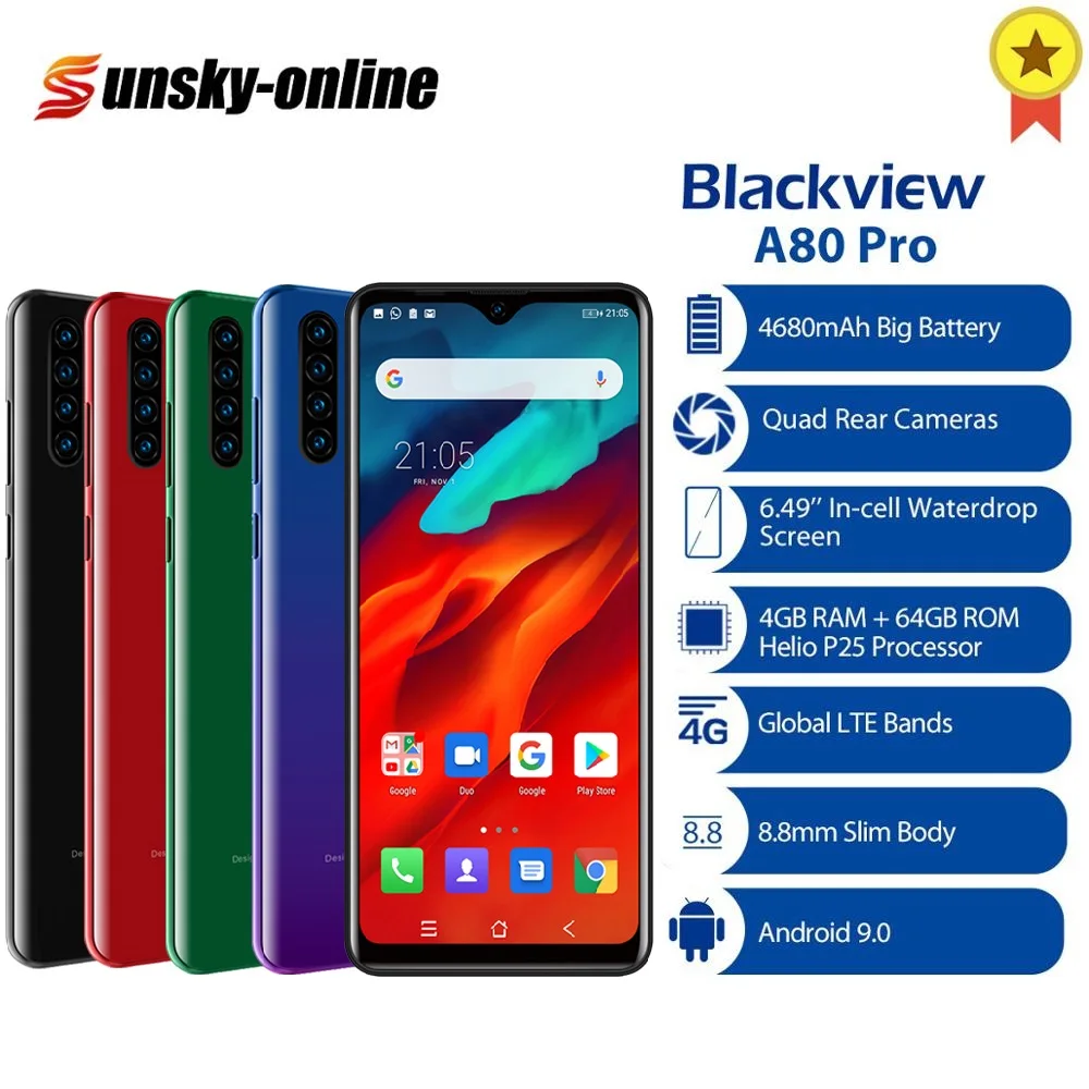 Смартфон Blackview A80 Pro 6,49 ''4 Гб+ 64 ГБ Android 9,0 8 Мп+ 13 МП разблокировка лица и отпечатков пальцев глобальная Lte полосы двойной 4G мобильный телефон