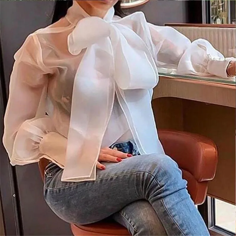 Женская белая рубашка с пышными рукавами сетчатый прозрачный топ пуловер