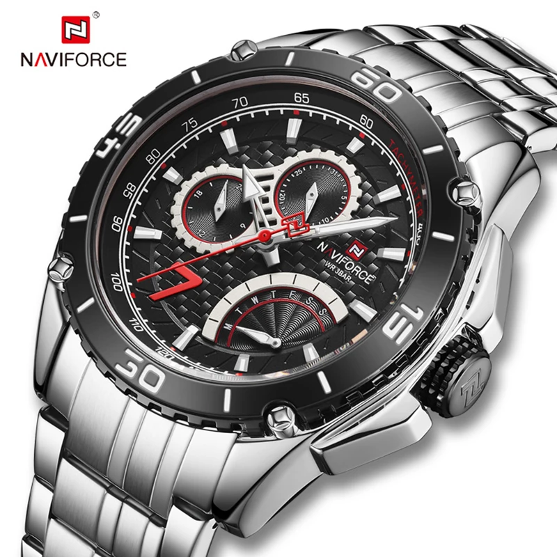 Часы наручные NAVIFORCE Мужские кварцевые, деловые модные водонепроницаемые с индикацией даты, из нержавеющей стали