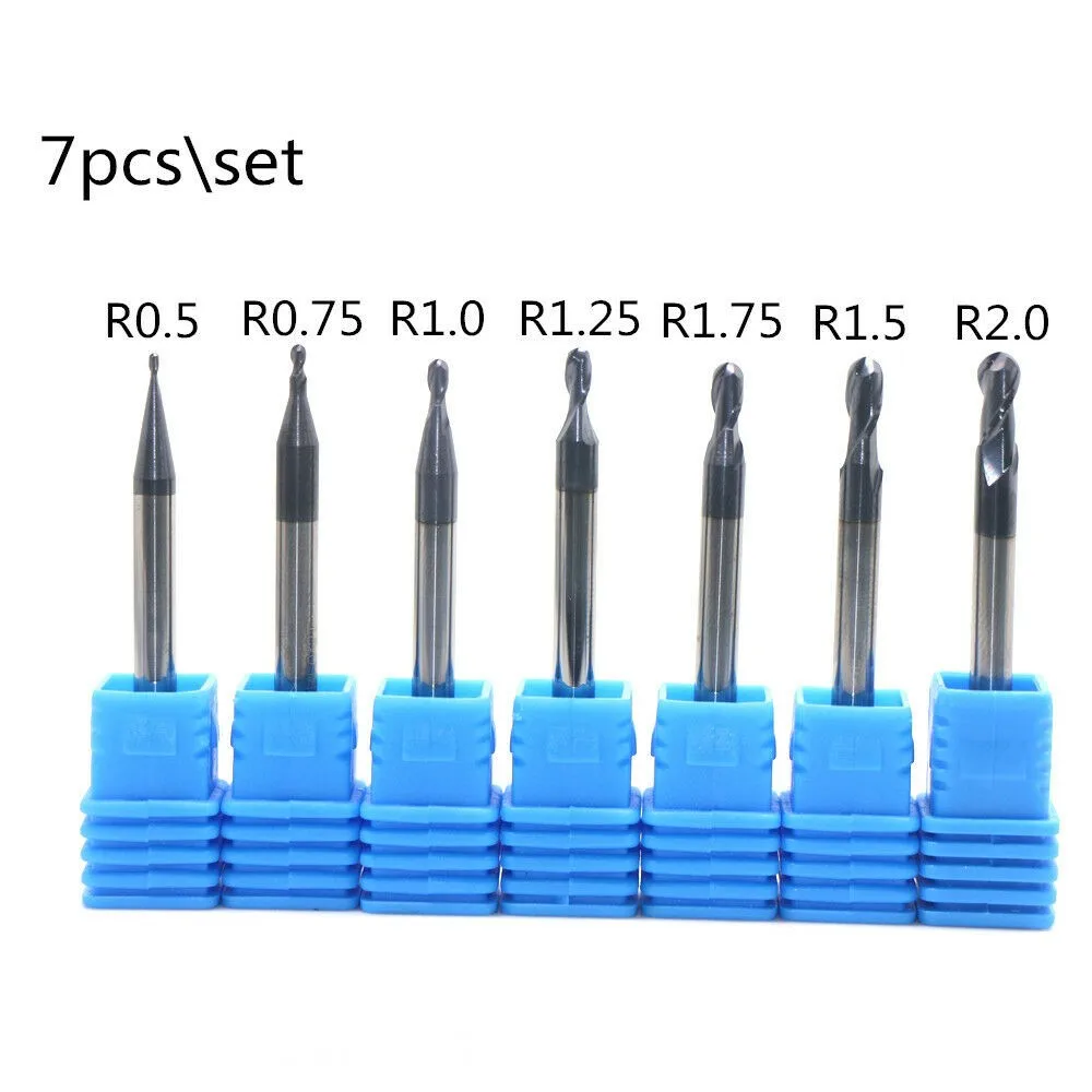

7pcs 0.5-2.0mm Tungsten Carbide 2 Flutes Ball Nose End Mill CNC Radius Tool Set