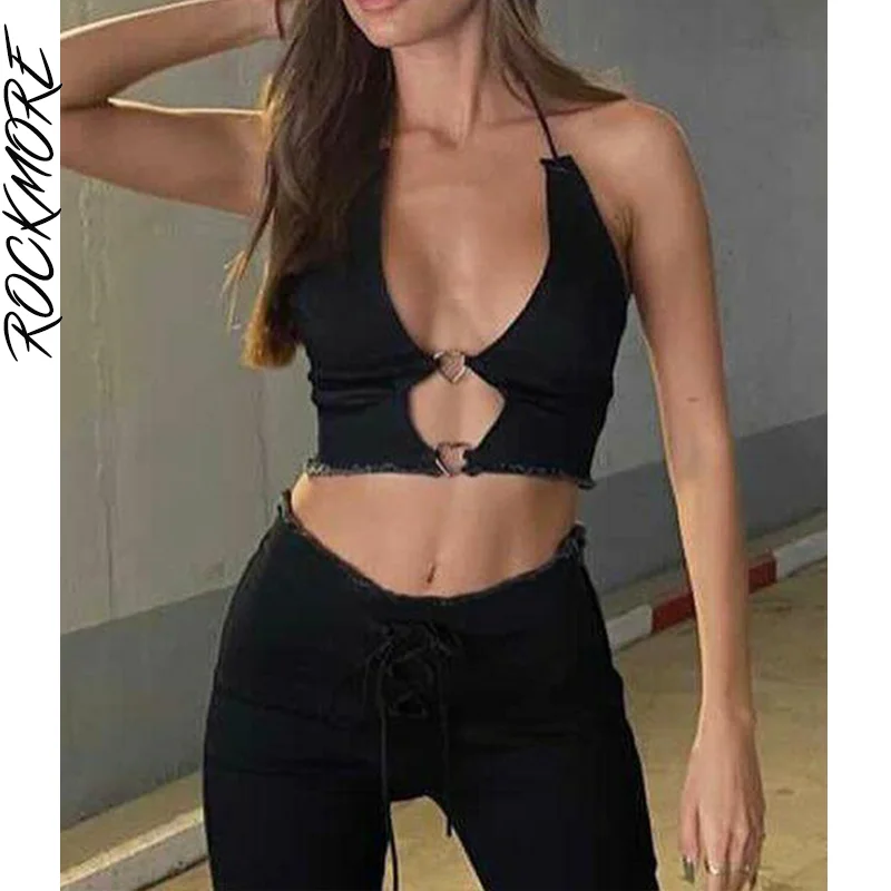 

Rockmore Sexy Hollow Out Halter Crop Tops Women Solid Denim Tank Top Streetwear Backless Corset Tees Clubwear Party Bustiers