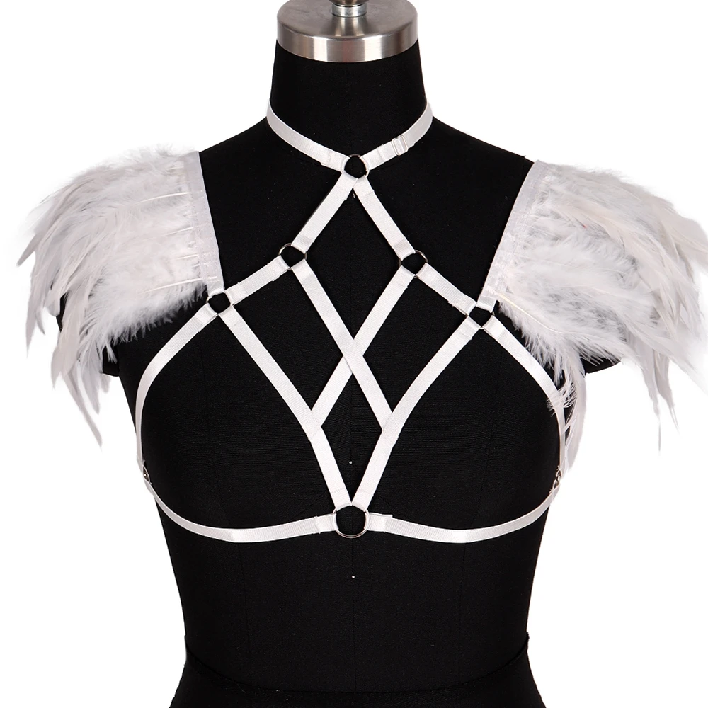 

Erotic Festival Goth Bondage Shoulder Wings Feather Hollow Out Body Harness Epaulettes Bra Sexy Lingerie Cosplay Dance Rave Wear