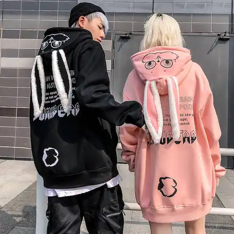 Women Hoodies Animal Printed Kawaii Rabbit Hoodie Sweatshirt Tops Cute Bunny Graphic Outerwear Pink Black Couple Hoodie Girls