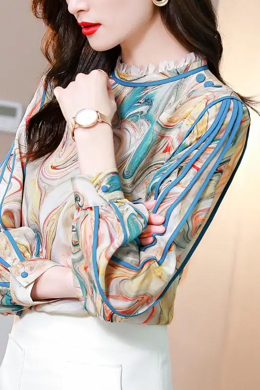 

Spring New Vintage Chic Fashion Blouse Ladies Lantern Sleeve Print Women's Shirt Office ruffle Patchwork Tops Lady