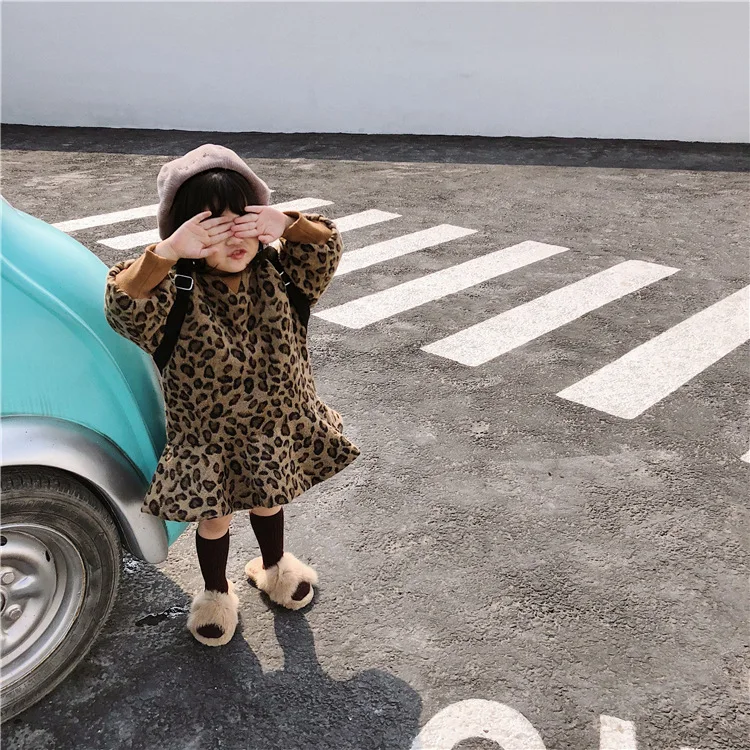 Winter Korean style fashion girls Leopard grain woolen mermaid dresses 1-6 years kids baby thicken long sleeve warm dress | Детская