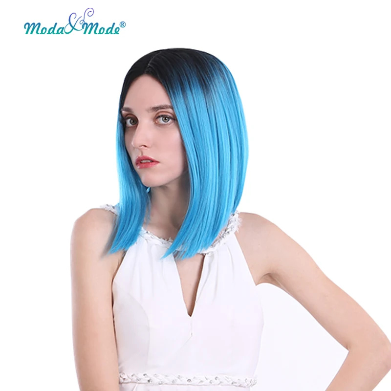 blue Moda& Mode волосы 1" короткий прямой розовый Боб косплей парик Омбре синтетический парик на кружеве для черных/белых женщин средняя часть - Цвет: blue