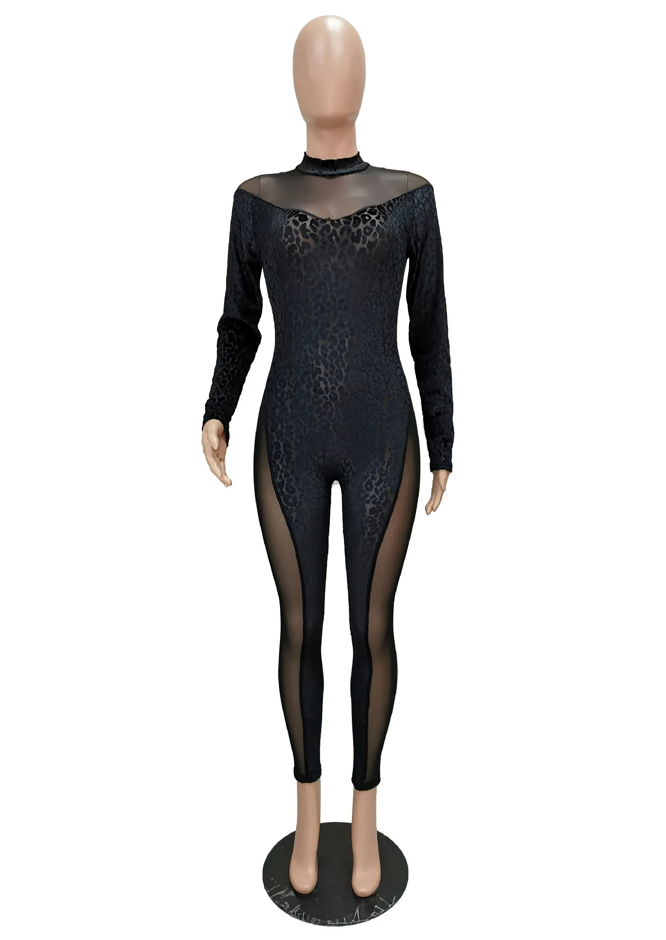 

Mesh Patchwork Leopard Print Flocking Velvet Jumpsuit Mock Neck Long Sleeve Skinny See Through Rompers Night Clubwear Outfits