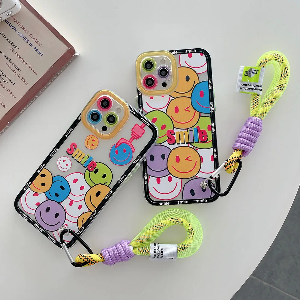 

Korea Cute Smiley Tide Cool Camera Protection Phone Case For iPhone 12 Pro Max 11 Pro Max XR X XS 7 8 Plus Cover with Hand Strap