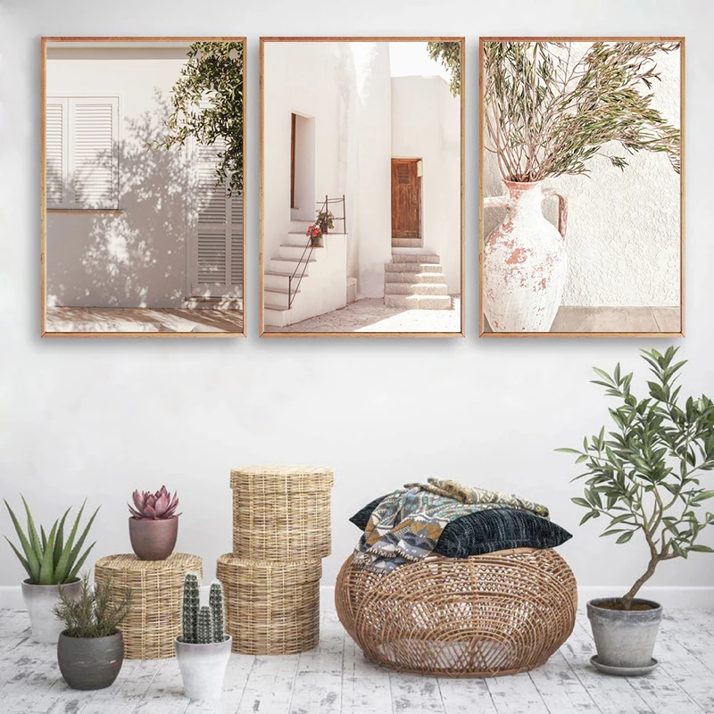 

Canvas Wall Art Poster Print Pastel Spain Summer Village Mediterranean Landscape Travel Floral Leaves Home Wall Painting Picture