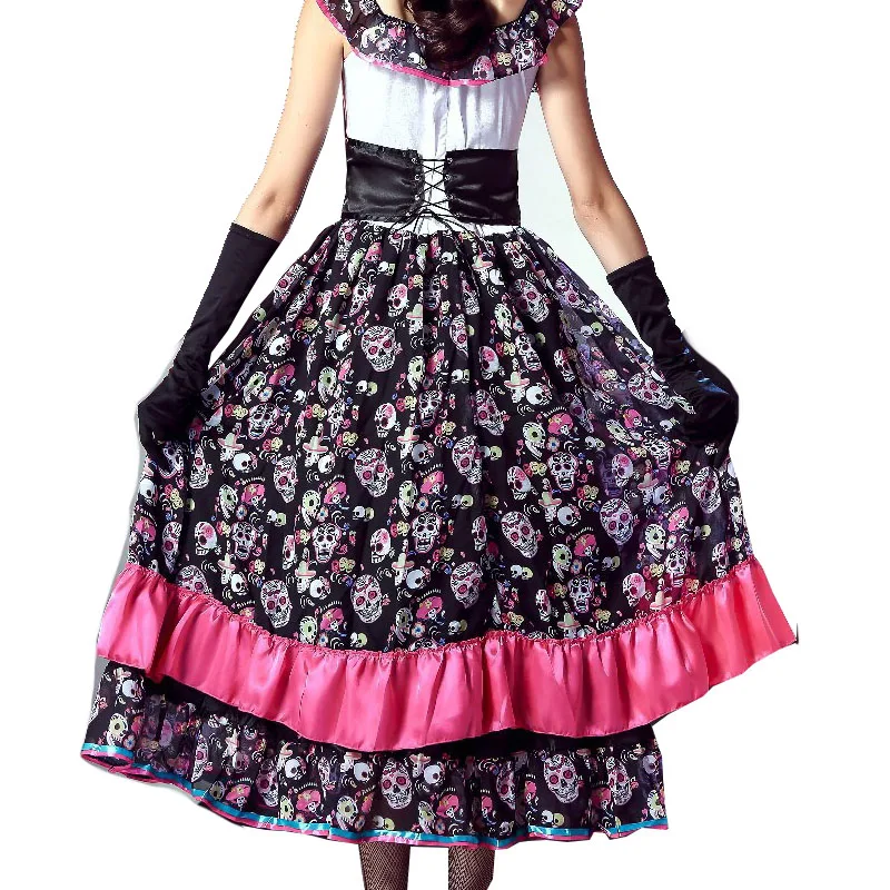 День мертвых платье цветок розы череп Хэллоуин испанский тело костюм страшно