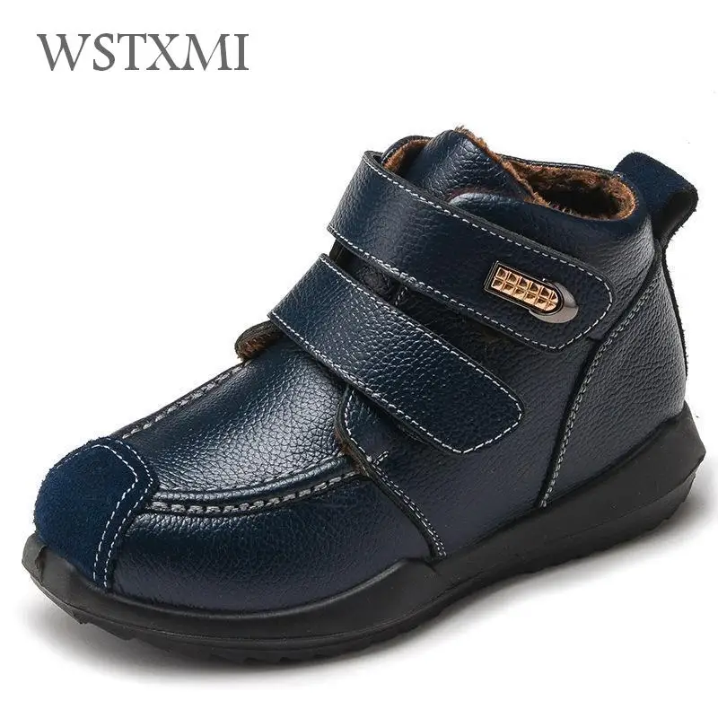 Winter Boys Boots Warm Kids Martin Boot Fashion Waterproof Genuine Leather Fur Shoes Children Sport Ankle Boots Plush Snow Boot