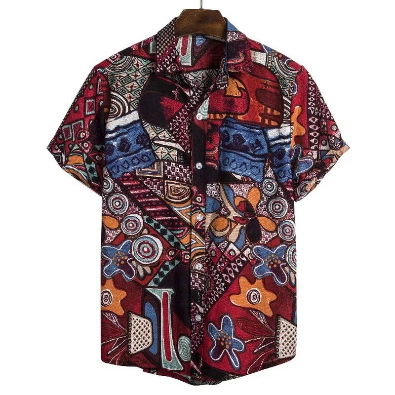 

2019 Ethnic Style Dark Flower Series Dish Style Style Linen Printed Fashion Short-sleeved Shirt Mens Shirts
