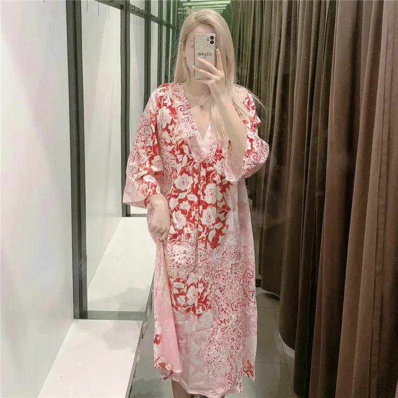 Женское платье-туника с цветочным принтом V-образным вырезом и разрезом | Женская