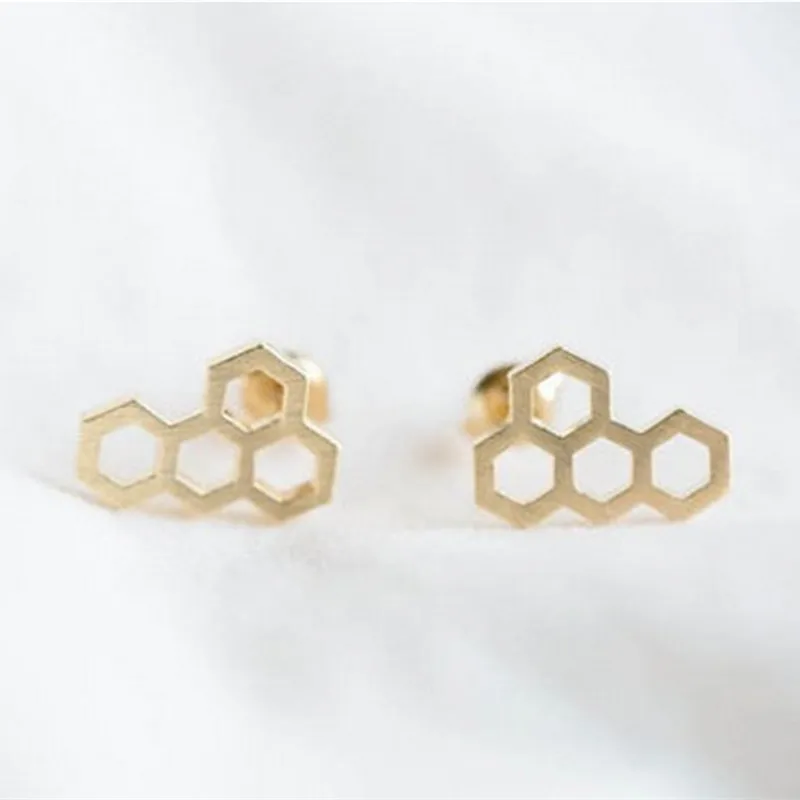 Fashion Honeycomb stud earrings Gold-color/silver plated/rose Gold-color Hexagonal shape ear studs wholesale | Украшения и