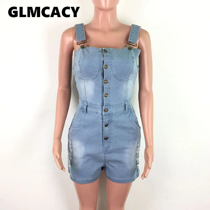 

Women Denim Sleeveless Bodycon Romper Solid Blue Chic Casual Playsuits