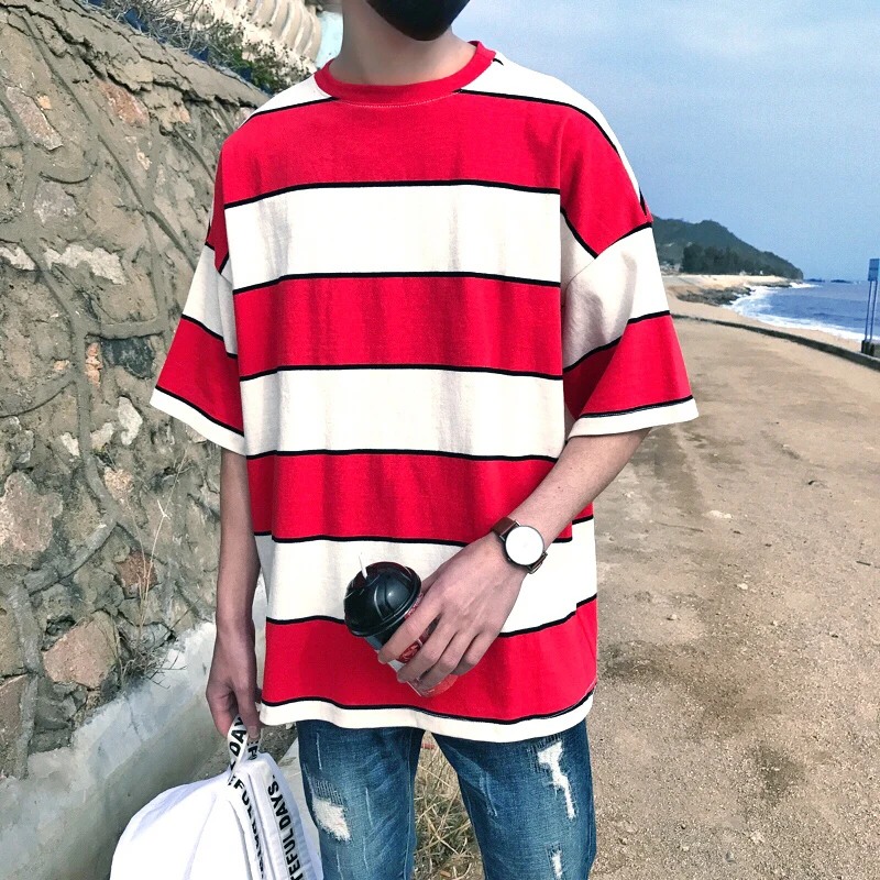 2020 Summer New Harajuku Korean Version Of The Ins Trend Loose Striped Printing Casual T-shirt Couple Models Cotton Large Size | Мужская
