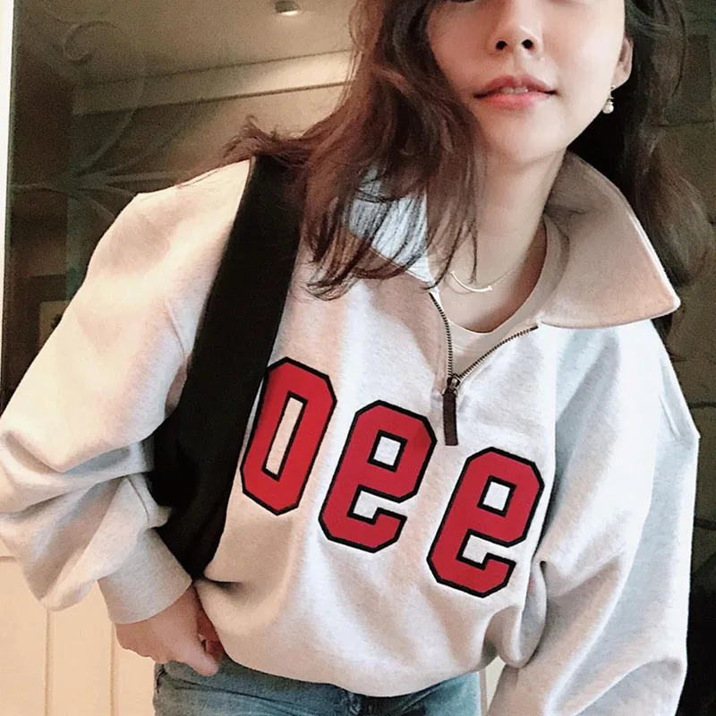 

New Casual Women Sweatshirt Fashion High Street 1990 Embroidery Digital Lapel Zipper Sudaderas Top Street Moletom Ropa Mujer