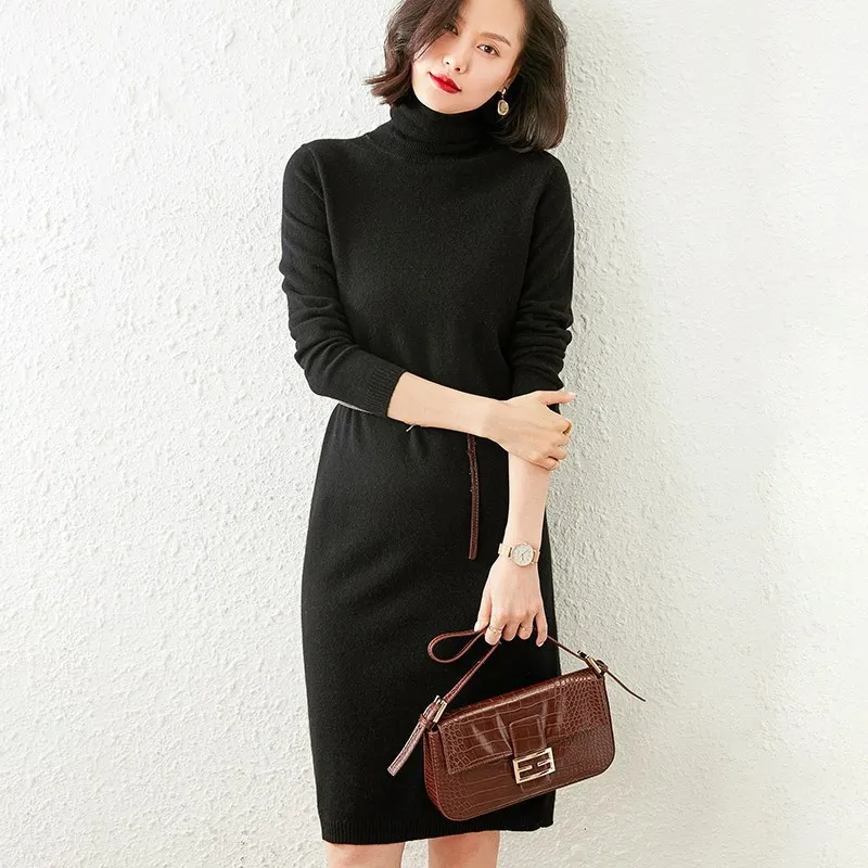 

New Arrival Winter Cashmere Dress Women Length Fitting Wool Computer Knitted Casual Turtleneck Pullovers Sweater Size M L XL