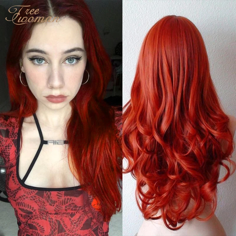 

FREEWOMAN Long Wavy Synthetic Wig 24in Red Middle Part WIth Natural Hairline Women Wigs Heat Resistant Fiber Party Hair