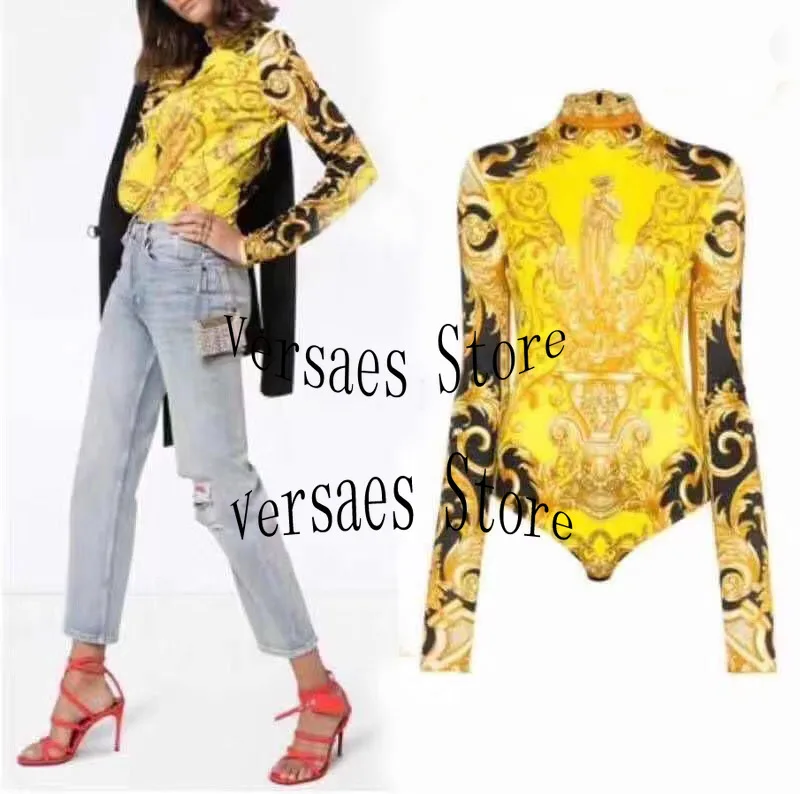 

2021 роскошный дизайн ретро печать Модный женский нижний топ сексуальный тонкий цельный купальник с длинным рукавом Повседневный цельный ку...