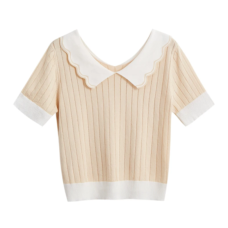 

Korean style doll collar short-sleeved T-shirt women's summer 2021 new slim and thin hollow knit sweater hit color top sweater