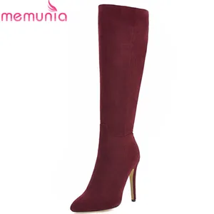 MEMUNIA 2020 hot sale knee high boots women flock zip pointed toe Stretch boots sexy super high heels party wedding shoes woman