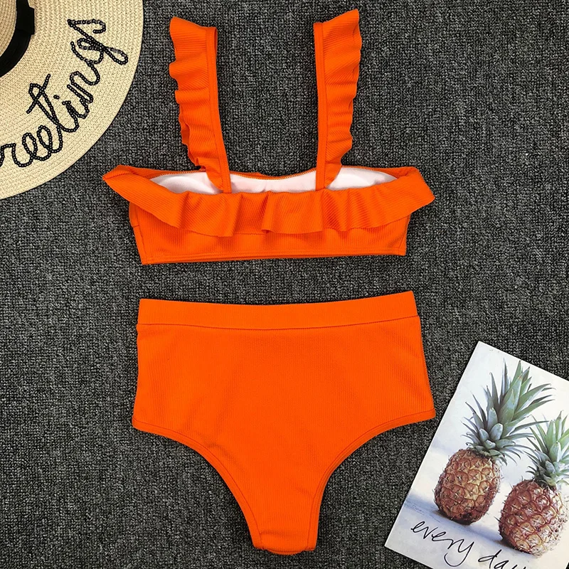 

New Solid Bikini Ruffle Swimwear High Waisted Women Thong Push Up Swimsuit Beachwear Women Summer Suits Padded Biquini Swim Sexy