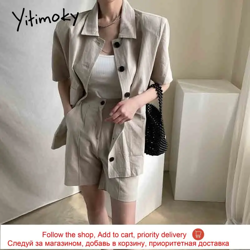 

Yitimoky 2 Pieces Set Fashion Turn-down Collar Single Breasted Pockets Short Sleeve Blazer and Simple High Waist Casual shorts