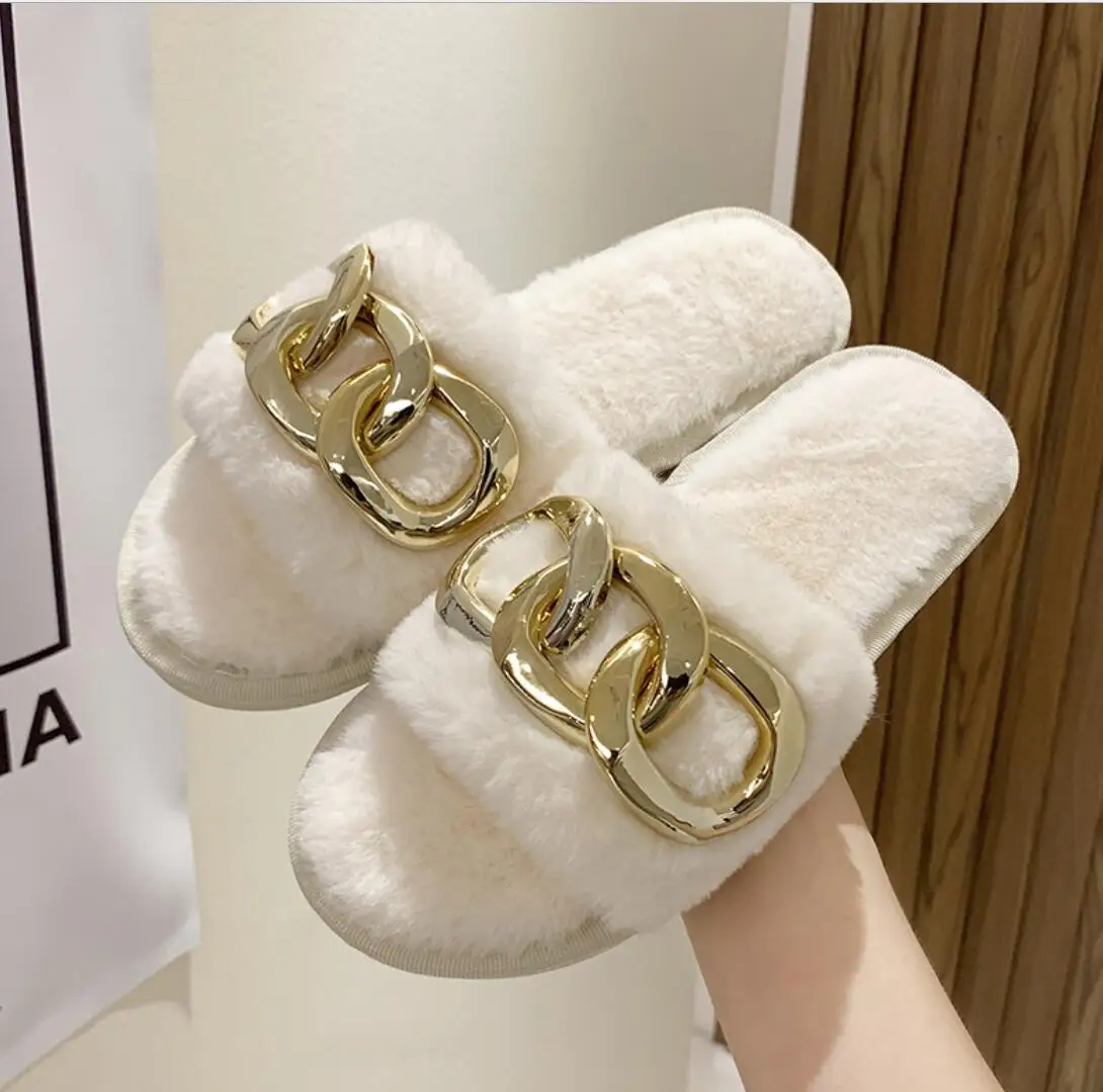 

Теплые пушистые шлепанцы для женщин, уютные сланцы для пола, из искусственного меха, с металлической цепочкой, мягкая обувь на плоской подош...