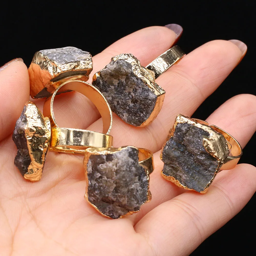 

Irregular Open Finger Rings Natural Agates Stone Rings Plating Gold Adjustable for Women Men Party Wedding Jewelry 12x18-13x20mm