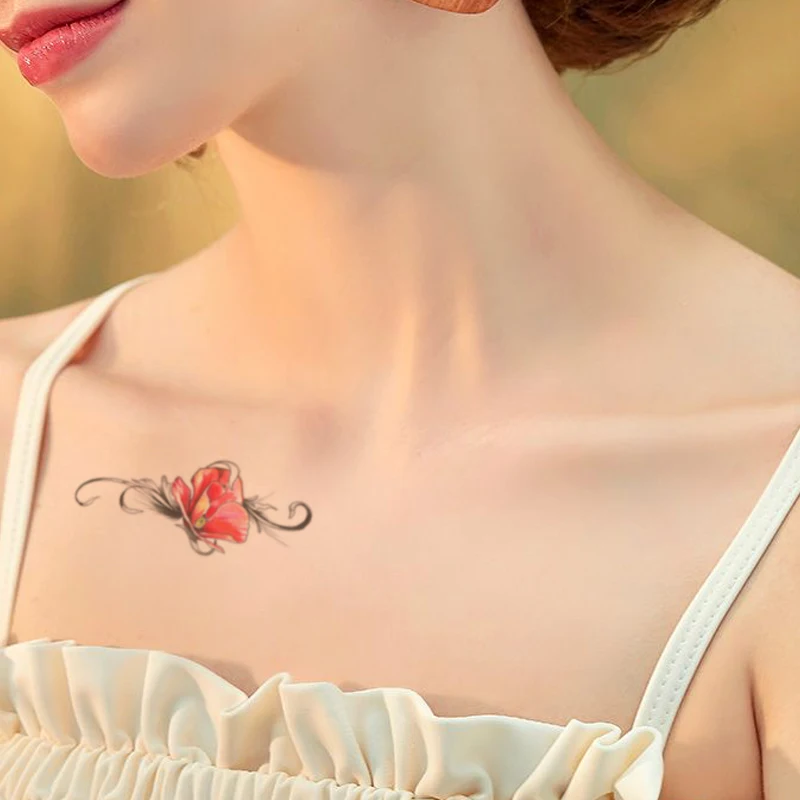

Waterproof Temporary Tattoo Sticker Red Flower Vine Feather Fake Tattoos Flash Tatoo Arm Hand Chest Neck Body Art for Women Men