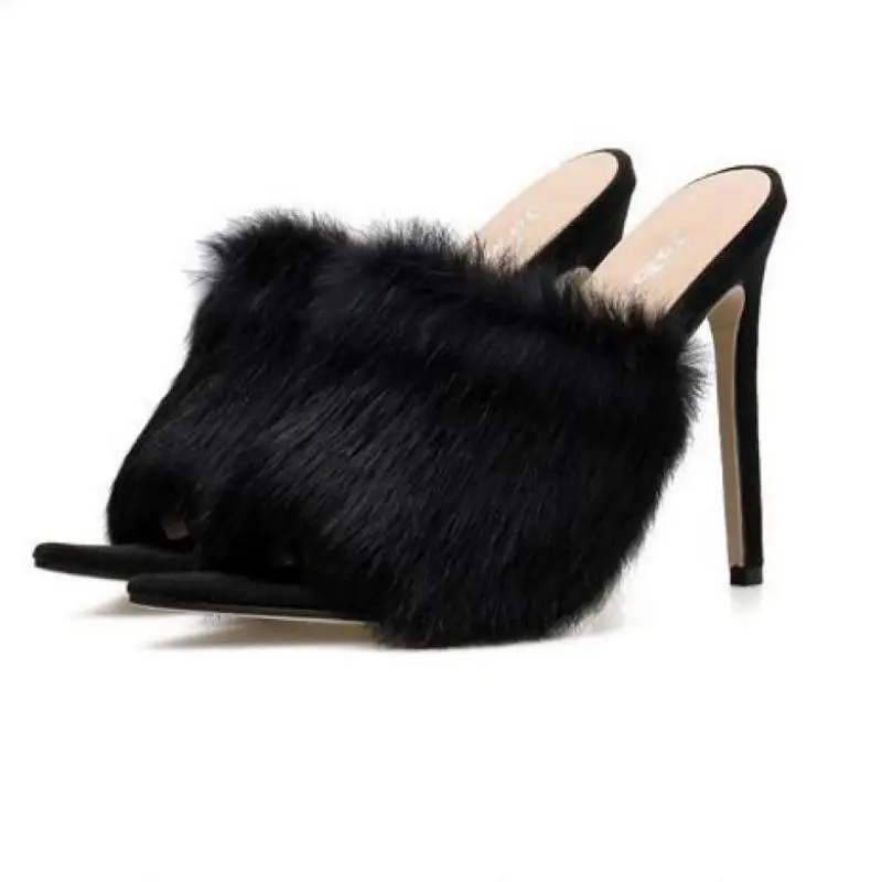

2021 New Summer Rabbit Hair Pointed Toe High Heels Thin Heel Slippers Women Outdoor Fashion Lady Shoes Flip Flop Sandalias Mujer
